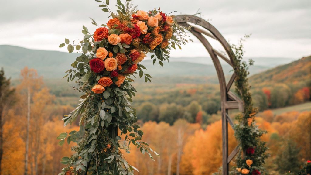 A fall wedding floral arch with sage green eucalyptus and burnt orange ranunculus under autumn leaves