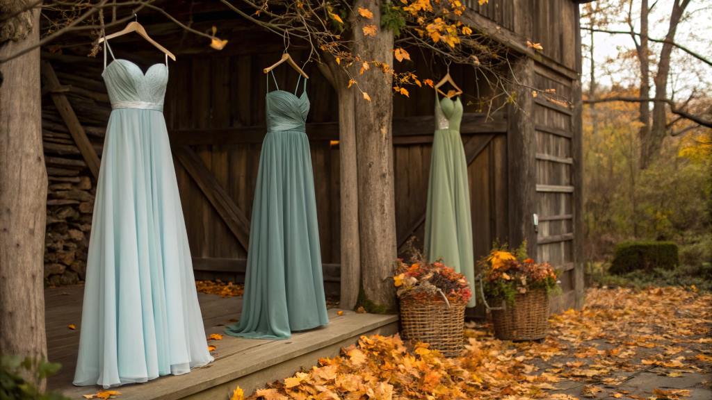 Bridesmaid dresses in dusty blue and moss green against a rustic fall wedding backdrop