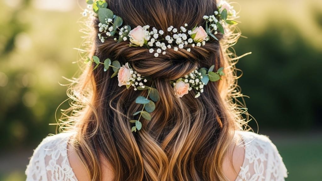 Relaxed braided wedding hairstyle with greenery for outdoor bohemian ceremony