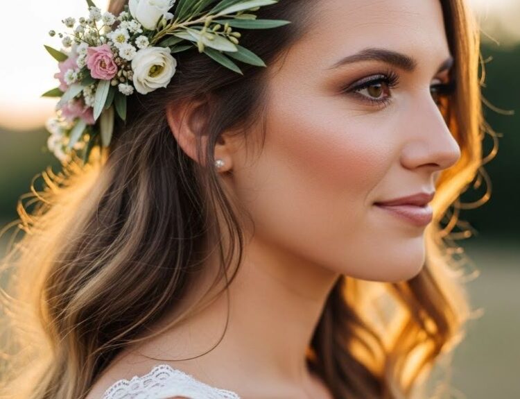 Bride with loose waves and fresh flowers in natural bohemian wedding hairstyle