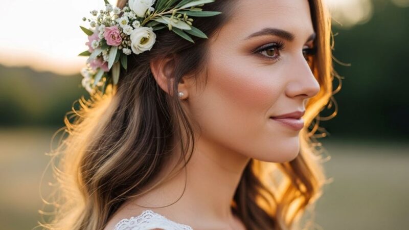 Bride with loose waves and fresh flowers in natural bohemian wedding hairstyle