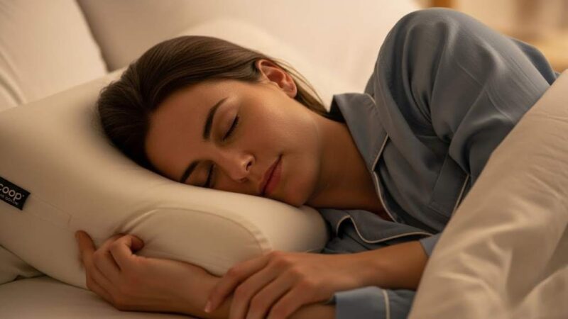 peacefully on Coop Home Goods Original Adjustable Pillow with perfect neck alignment