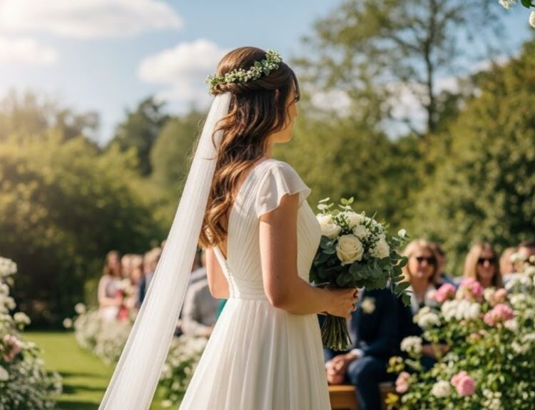 Bride wearing flowing chiffon wedding dress standing outdoors during ceremony with wrinkle-free fabric draping naturally