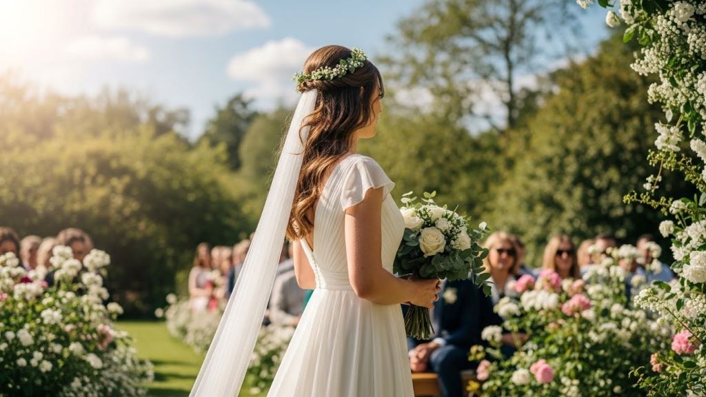 Bride wearing flowing chiffon wedding dress standing outdoors during ceremony with wrinkle-free fabric draping naturally