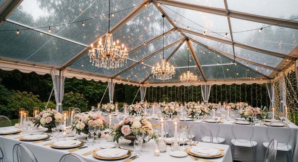 Clear top wedding tent with chandelier lighting and romantic table settings providing rain protection while maintaining outdoor atmosphere