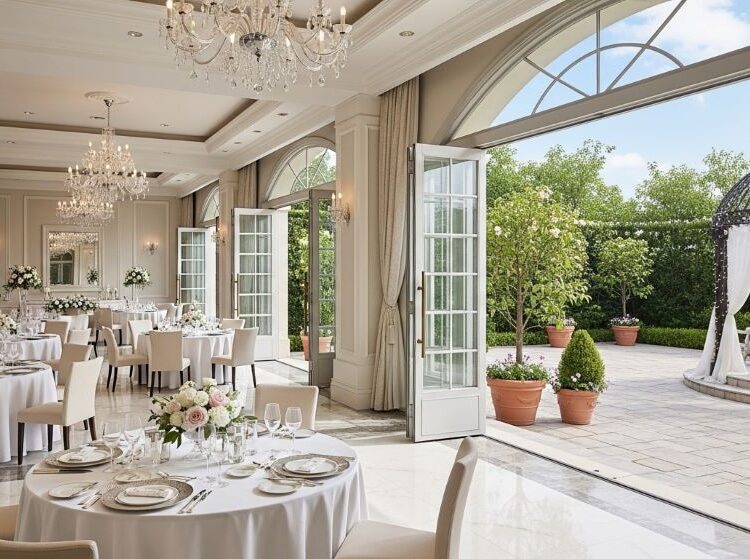 Elegant wedding venue with indoor ballroom and adjacent outdoor garden terrace featuring large glass doors for weather flexibility