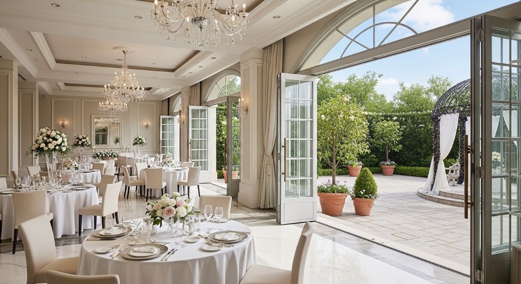 Elegant wedding venue with indoor ballroom and adjacent outdoor garden terrace featuring large glass doors for weather flexibility