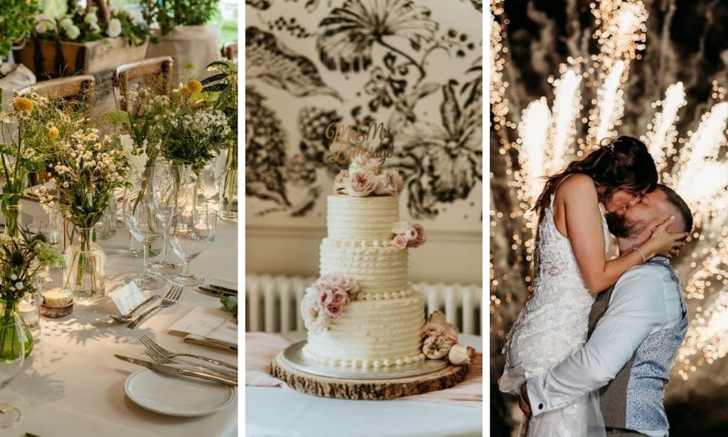 Couple planning a stylish budget wedding in the UK with simple decorations and elegant venue setup