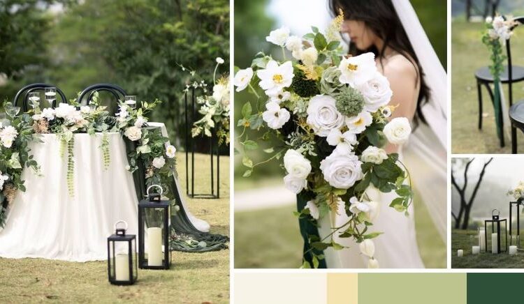 Concept showing matching floral arrangements, table settings, and décor themes.