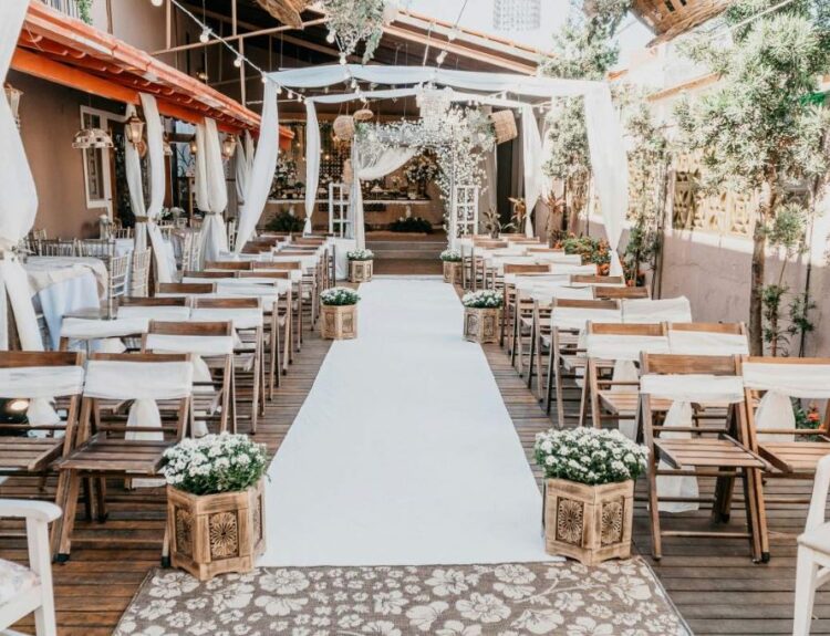 Beautiful wedding venue decorated with elegant lighting, flowers, and romantic ambiance