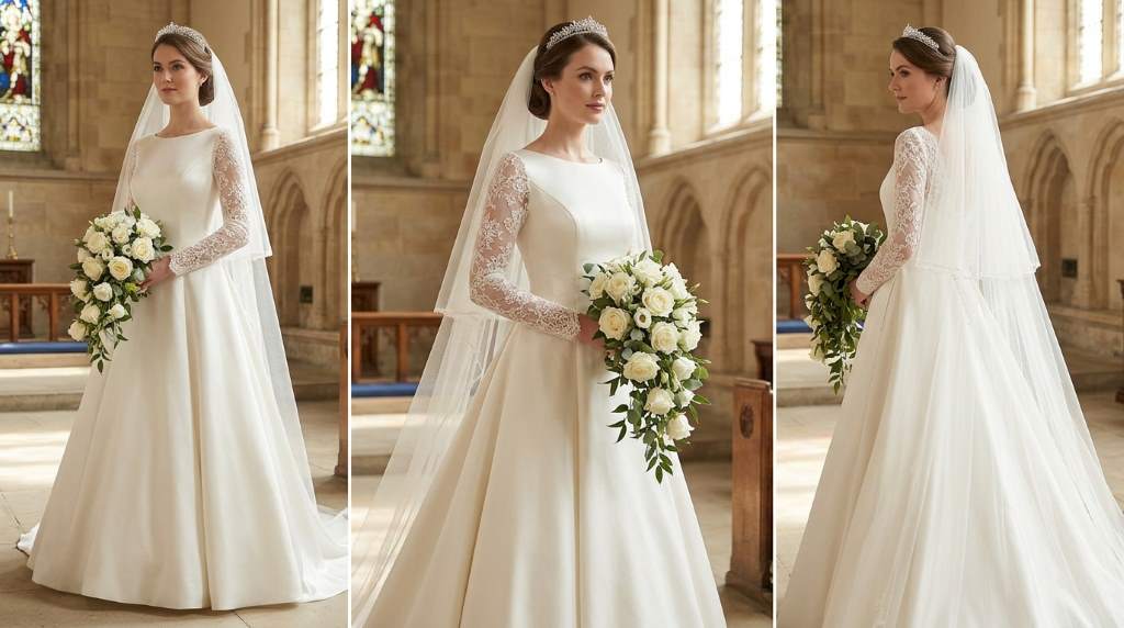 Bridal accessories paired with A-line wedding dress with sleeves