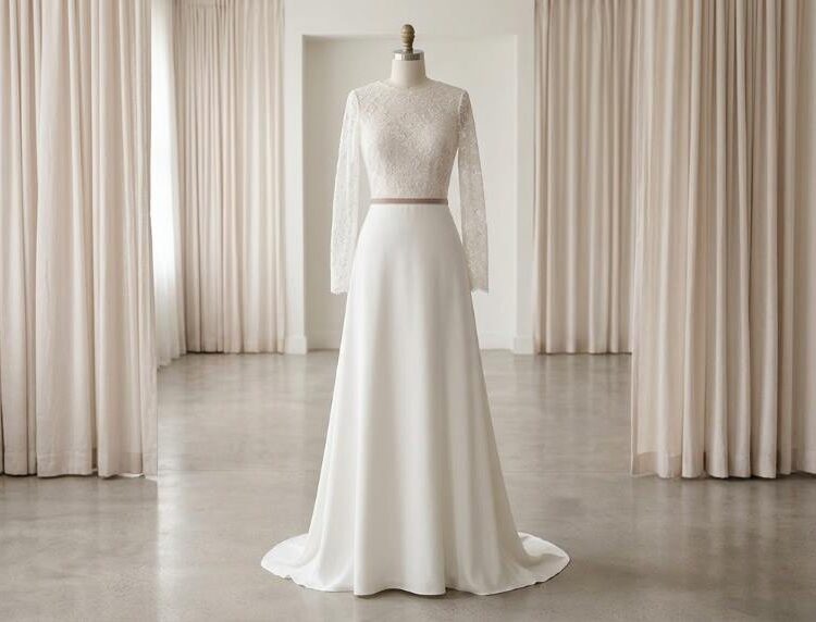 Elegant bride wearing A-line wedding dress with lace sleeves