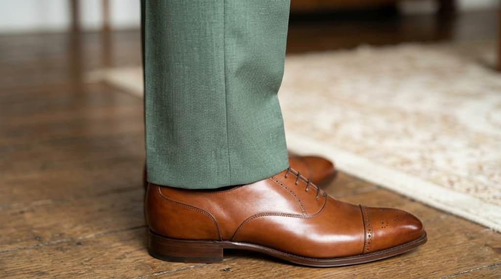 Best shoe colors displayed beside a sage green groom suit