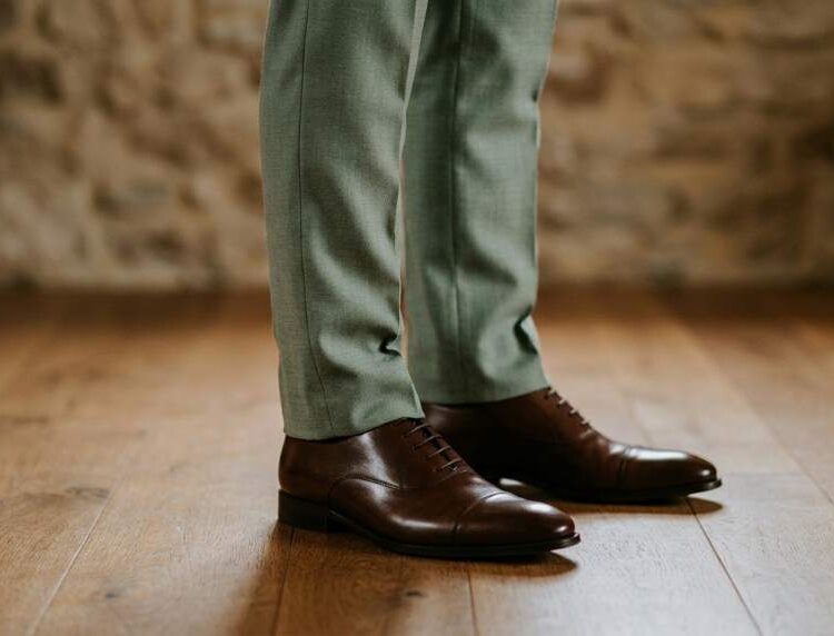 Dark brown Oxford shoes paired with a sage green groom suit