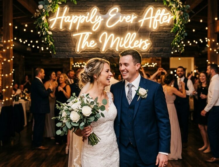 Glowing pink custom neon sign mounted on a rustic wedding reception wall.