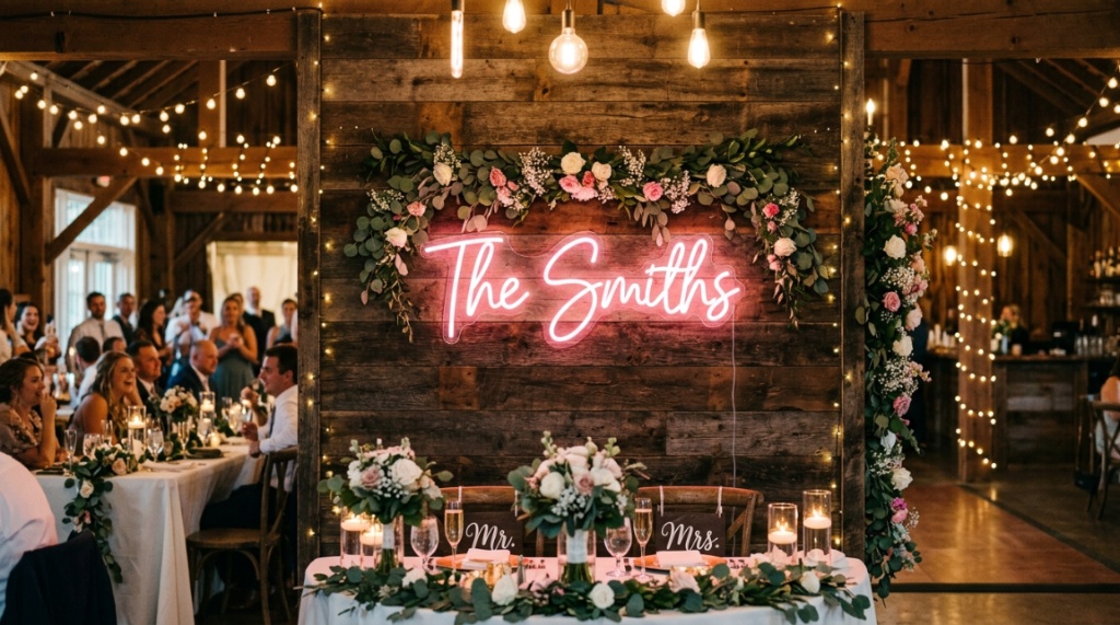 Bride and groom smiling under a bright white neon wedding sign.