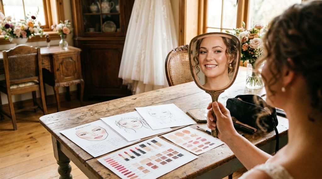 A bride checking her finished look in a hand mirror during a makeup session.