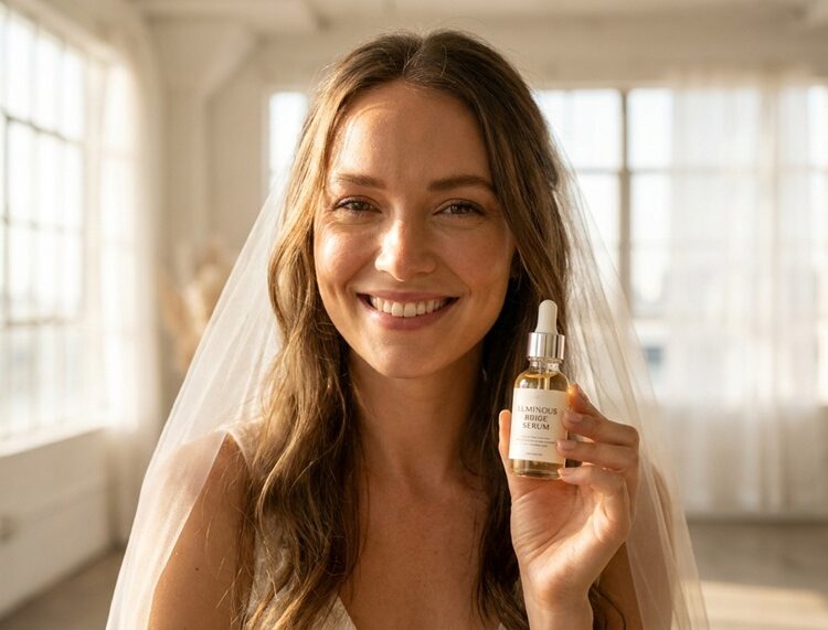 A smiling bride with radiant glowing skin holding a skincare serum bottle in bright natural light.
