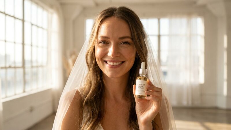 A smiling bride with radiant glowing skin holding a skincare serum bottle in bright natural light.