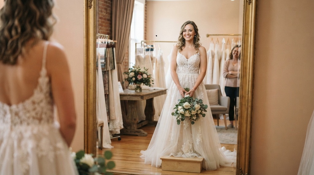 A confident bride smiling during her final wedding dress fitting mirror check.