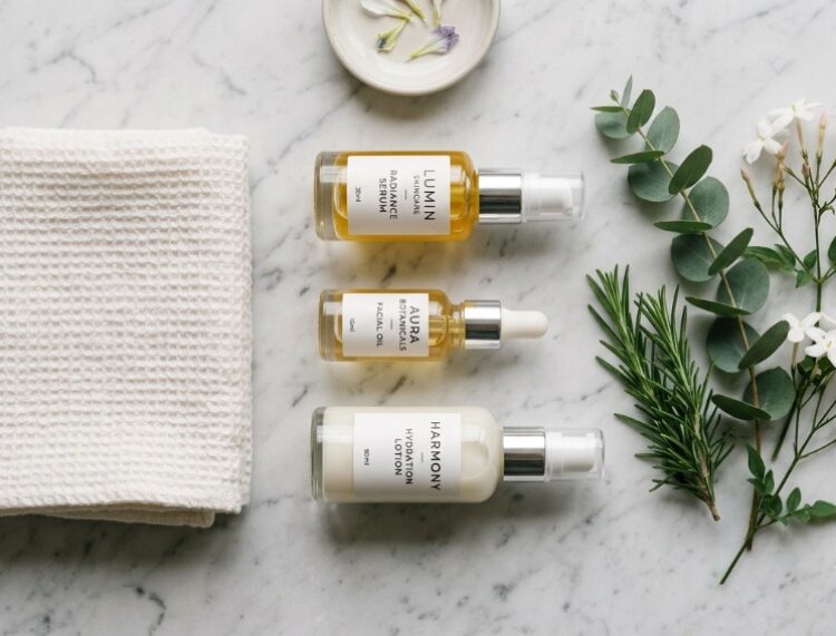 Minimalist flat lay of glass skincare bottles and fresh white towel on marble