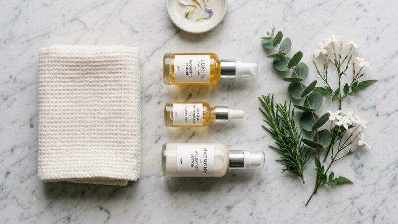 Minimalist flat lay of glass skincare bottles and fresh white towel on marble