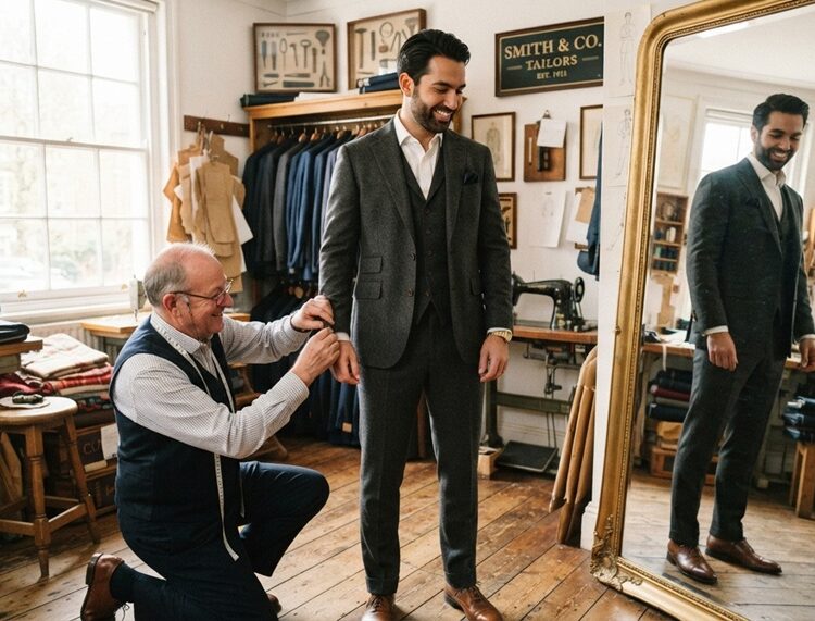 Groom trying on a navy blue custom wedding suit in a tailor studio.