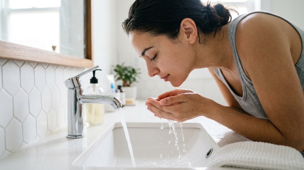 Woman gently washing her face with fresh water in a clean bathroom.