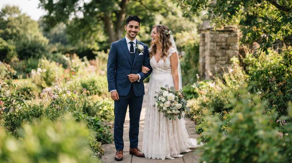 Groom in a tailored navy blue wedding suit standing outdoors.