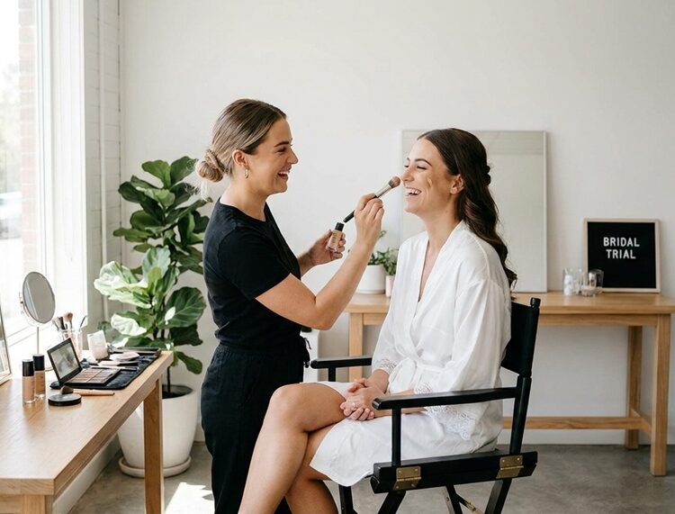A makeup artist applying foundation to a smiling bride during a wedding makeup trial.
