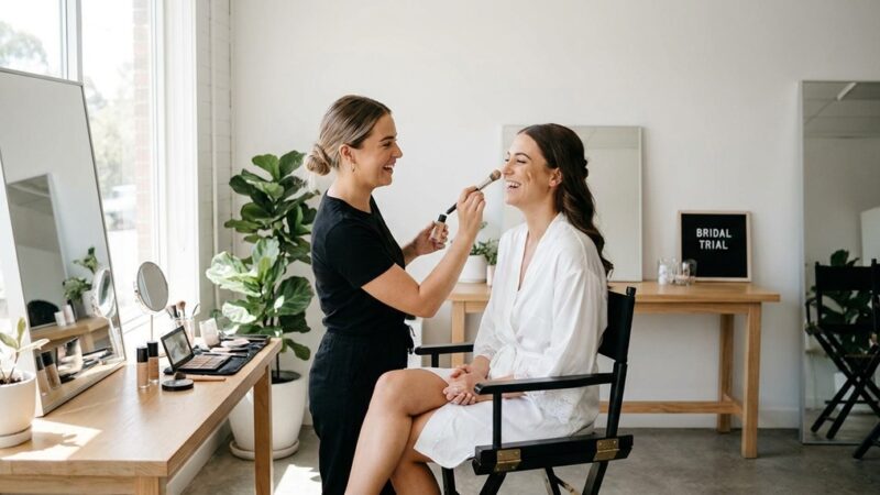 A makeup artist applying foundation to a smiling bride during a wedding makeup trial.