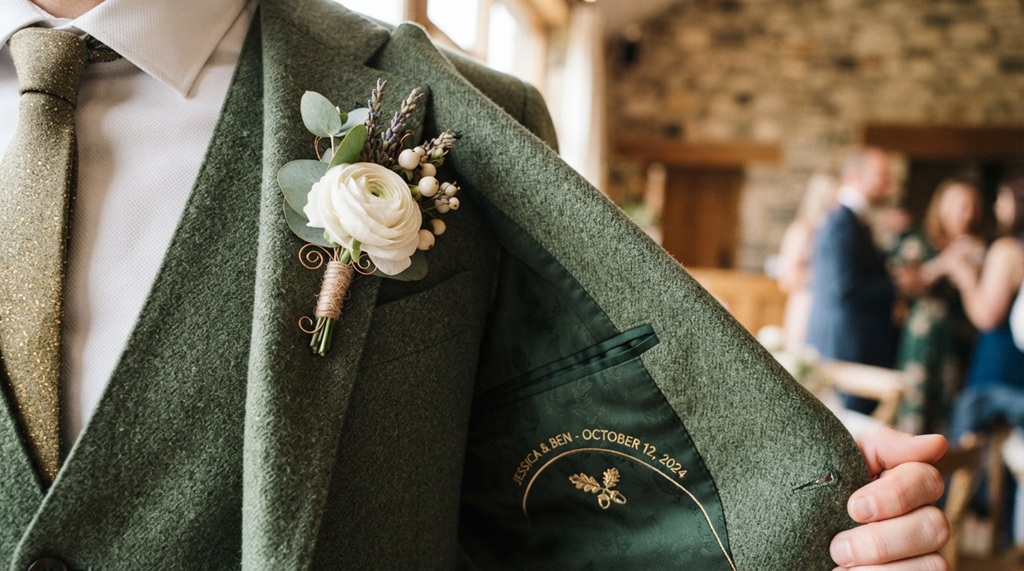 Close up of textured sage green custom wedding suit jacket details.