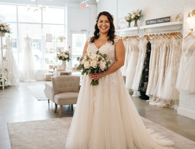 Plus-size bride wearing an A-line wedding dress in a bridal shop.
