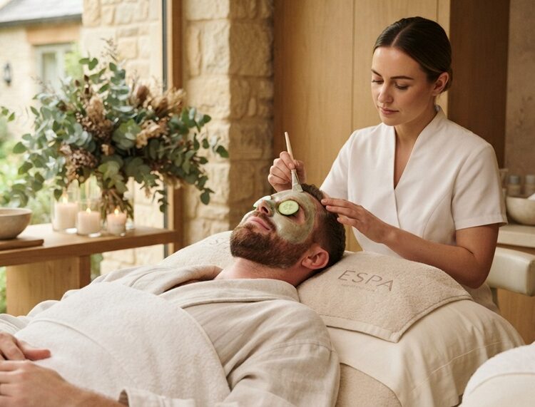 Groom relaxing during a facial treatment at a luxury spa.