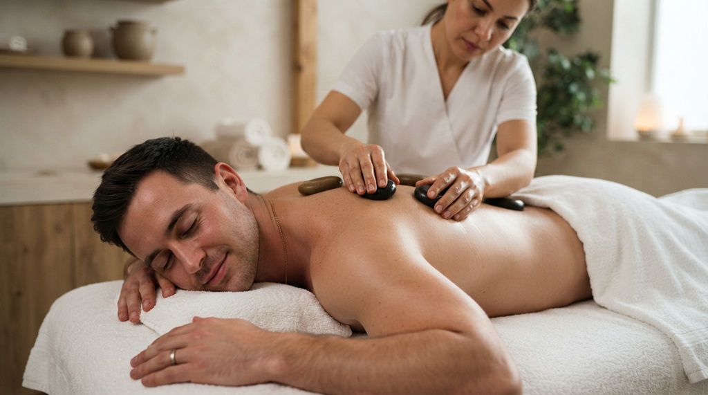 Groom receiving a relaxing warm stone back massage before wedding day.