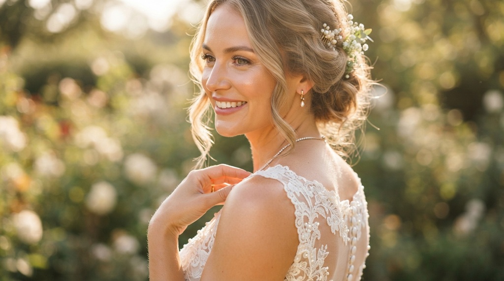 Bride showing sun-kissed glowing skin in her bridal gown.
