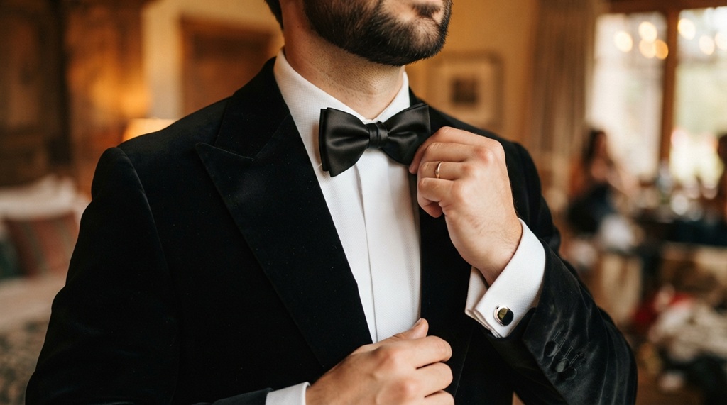 Close up groom adjusting black silk bow tie tuxedo sleeve.