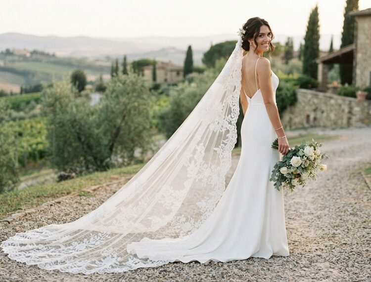Bride wearing a long designer lace veil over a modern wedding gown.