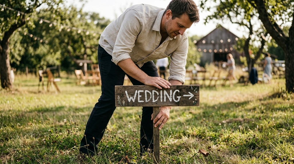 A man placing a handcrafted wooden directional sign for an outdoor rustic wedding.