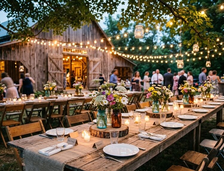 A rustic wedding table decorated with mason jars, burlap runners, and wildflowers.
