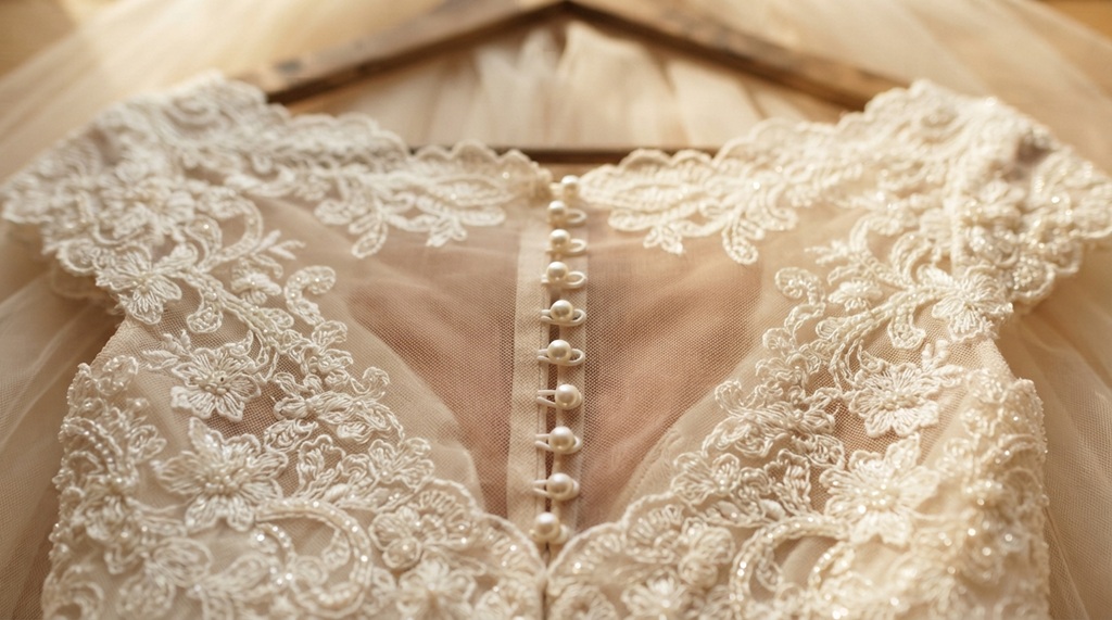 Close-up of delicate floral lace embroidery on a bridal dress bodice.