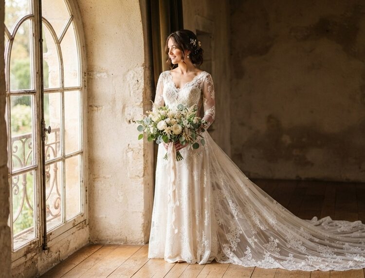 Bride wearing a long-sleeved vintage lace gown near a sunlit window.